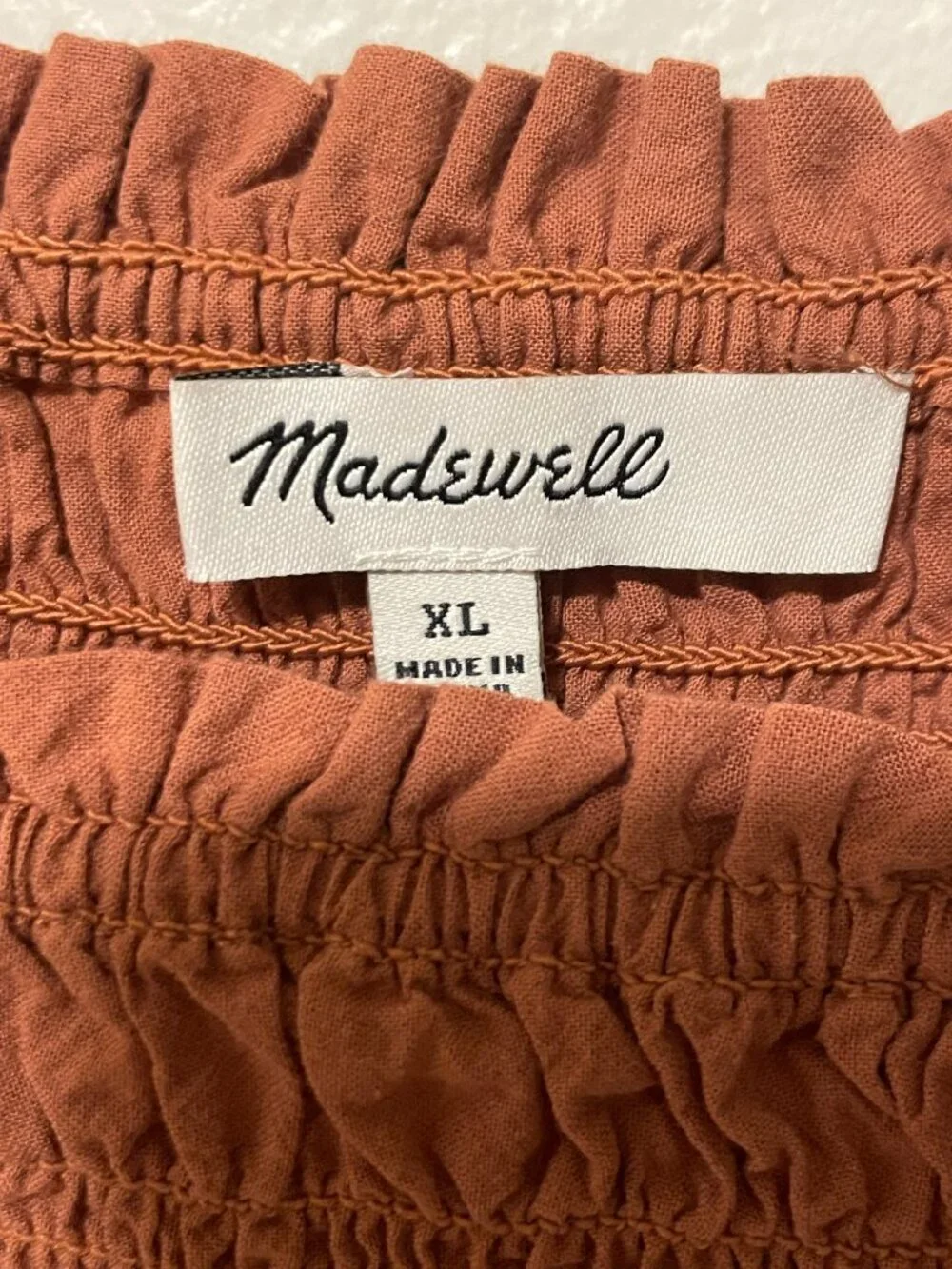 Madewell Lucie Smocked‎ Top Long Puff Sleeve Square Neck Size XL Warm Terracotta